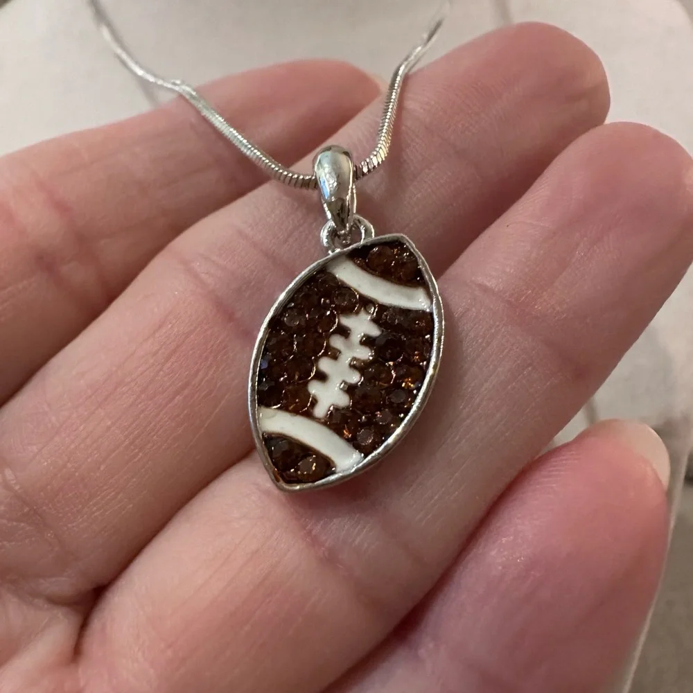 Football Sports Pendant Necklace‎ Silver Tone Brown Stone NWT